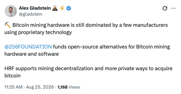 Tweet from Alex Gladstein: Bitcoin mining hardware is still dominated by a few manufacturers using proprietary technology. @256FOUNDATION funds open-source alternatives for Bitcoin mining hardware and software. HRF supports mining decentralization and more private ways to acquire bitcoin.
